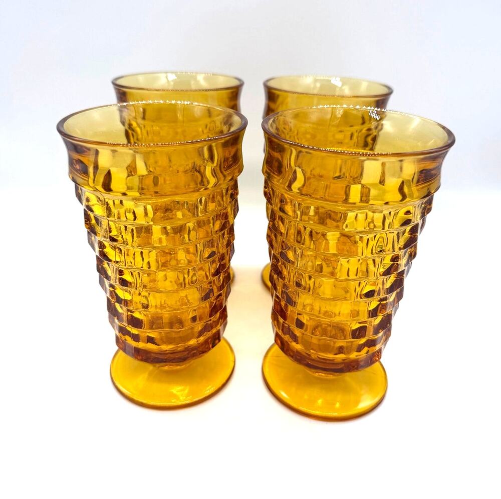 Vtg Indiana Glass Colony Whitehall Cubist Set of 4 Amber Footed Iced Tea Glasses